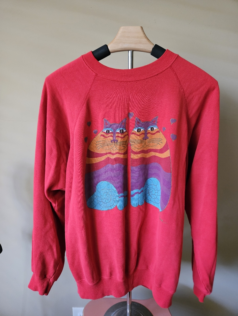 Vintage Laurel Burch Twin Cats Sweatshirt Red Raglan Hanes - Size XL